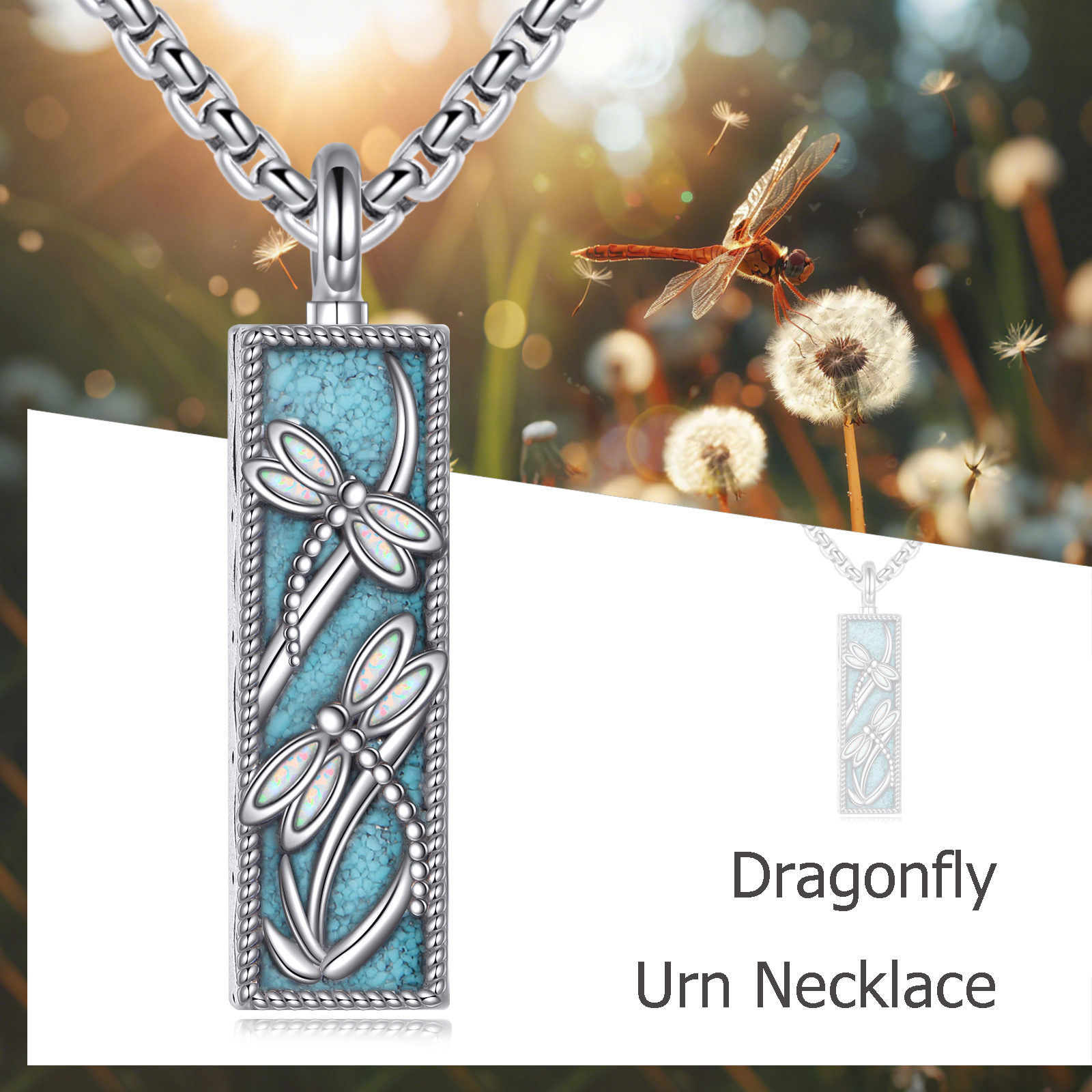 Long Dragonfly Urn Necklace with Synthetic Turquoise